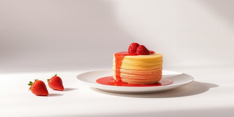 Crepe cake featuring strawberry sauce, a healthy breakfast option highlighting fruit textures and layered presentation