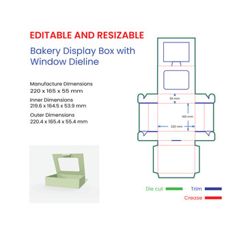 Bakery Display Box with Window Dieline and Dimensions bakery box packaging