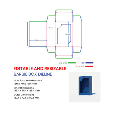 Barbie Box Dieline Template With Dimensions And 3D Model On White packaging box template