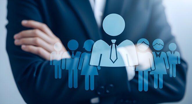 Business professional with arms crossed overlaid with glowing blue icons representing team leadership and human resources management concepts in a corporate setting - Powered by Adobe