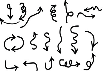 Collection of handdrawn doodle arrows in various shapes and directions
