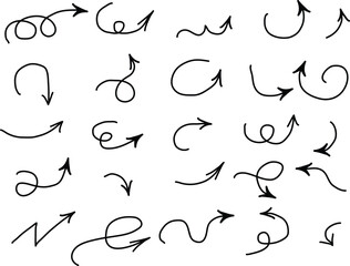 Collection of handdrawn doodle arrows in various wavy and curly shapes

