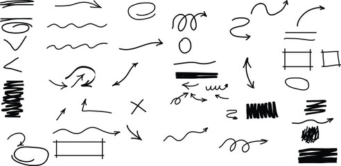 Collection of hand drawn black sketch arrows, lines, shapes, and scribbles on
