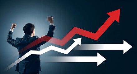 Successful businessman celebrates soaring financial growth indicated by vibrant red and white upward trending arrows against a dark blue background