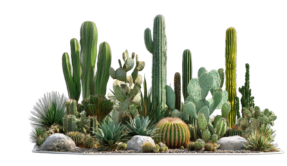 A variety of desert plants, including cacti and succulents, arranged artfully