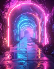 Glowing arches line a reflective path, framed by rough stone. Bright pink and blue neon light