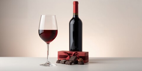 Front view of a wine glass with a bottle and chocolates, beverage presentation for a holiday bar setting, World Alcohol Awareness Day