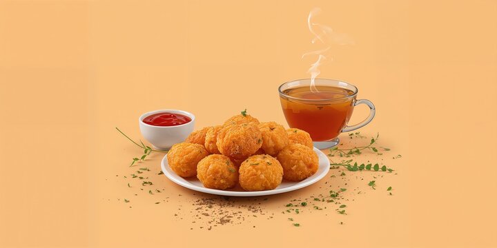 Fried onion pakora, a popular street snack with crunchy texture, enjoyed with ketchup and hot tea, street food tradition