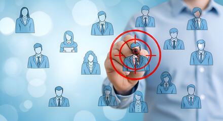 Business professional drawing a red target scope over a selected employee icon among a group of diverse corporate avatars symbolizing recruitment or audience targeting strategy