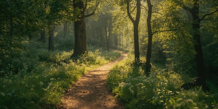 Old Heverlee forest trail near Leuven during summer sunshine, nature walk activity