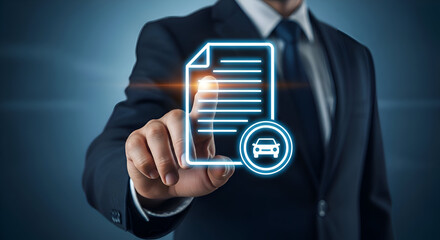 Businessman interacts with glowing digital document icon featuring a car symbol for online vehicle registration or insurance services in a dark setting