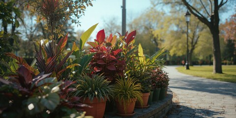 Close-up of diverse plants in pots outside on a sunny day, highlighting gardening activity and plant diversity