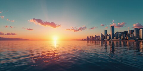 City structures along a waterway during dusk, emphasizing architectural silhouette