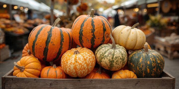 Close-up of striped pumpkins displaying vibrant colors and textures, suitable for fall market display, seasonal harvest awareness - Powered by Adobe