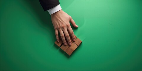 Arrangement of wooden blocks representing personal and professional growth, with a businessmans hand on a lively green backdrop, focused on life balance