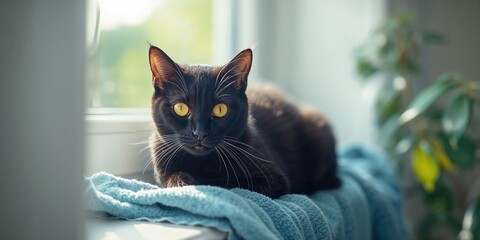 Close-up of a black cat with yellow eyes lying on a blue blanket on a windowsill, highlighting animal relaxation
