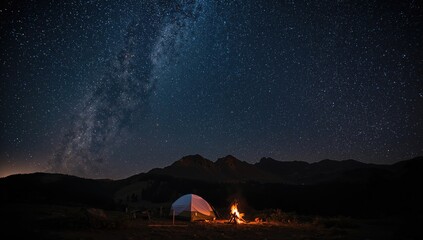 Camping gear set up outdoors beneath a sky filled with stars, illustrating wilderness exploration, Earth Day