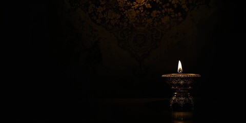 Oil lamp in Buddha temple background, spiritual lighting and abstract design, night scene, fire, India, World Day of Peace