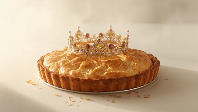 Baked Twelfth Night galette des rois with crown decoration, set against a clean white backdrop, holiday culinary focus