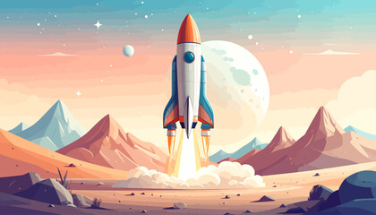 Naklejka premium A colorful rocket launching from a desert planet with mountains and a large moon in the sky.