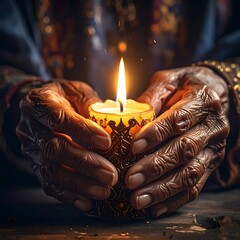Elderly hands gently cradle a lit, ornate candle, radiating warmth and serenity in the dim light