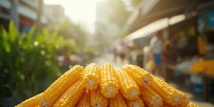 Fresh boiled corn displayed on a street food stall, highlighting natural texture and color - Powered by Adobe