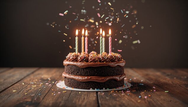 Chocolate birthday cake with colorful sprinkles and candles, serving as a decorative party display - Powered by Adobe