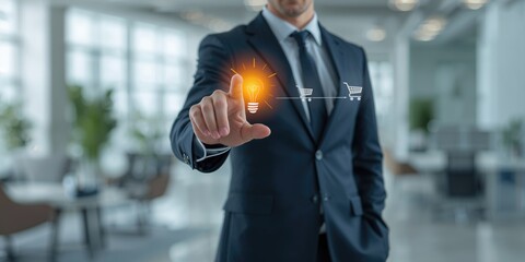 Businessman activating a virtual shopping interface, efficiency in online retail operations