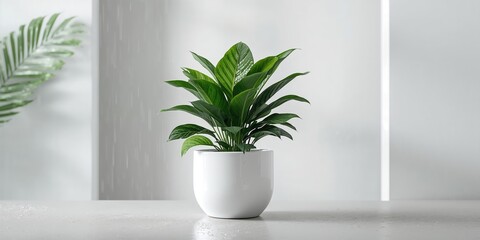 Fototapeta premium Aglaonema plant in a white pot positioned outdoors during rainfall, plant care and moisture absorption