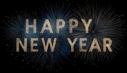 A vibrant and colorful new year's greeting card with the numbers "2026" in large, glowing gold letters at its center against an enchanting blue background adorned with fireworks and confetti.