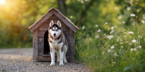 Chained Alaskan husky beside a wooden dog house on a gravel driveway, outdoor pet care