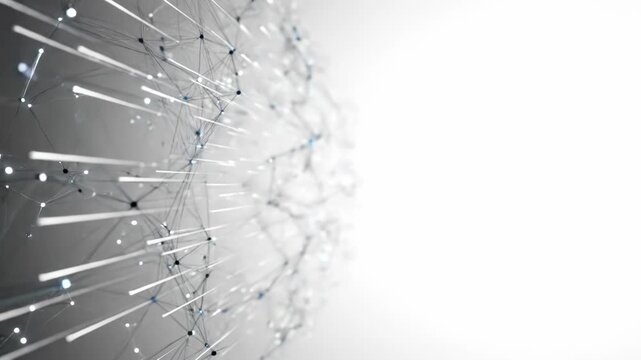 Abstract digital network structure with connected nodes and lines forming a sphere on a white background