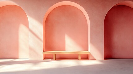 Serene pink minimalist interior space featuring three arched alcoves and a simple wooden bench