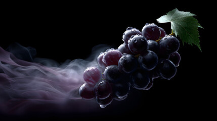 Chiaroscuro Black Grapes In Soft Fog With Dewed Leaf — Cinematic Elegance