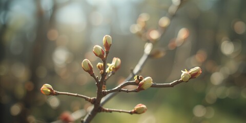 Detailed view of tree buds on branches with out-of-focus background, highlighting seasonal change in early spring