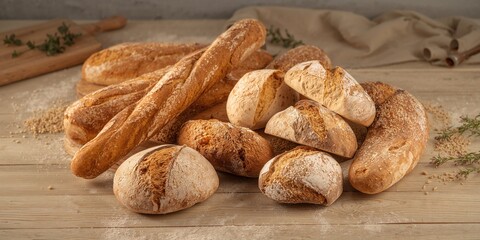 Arrangement of various bread types on a surface, suitable for bakery display or retail presentation
