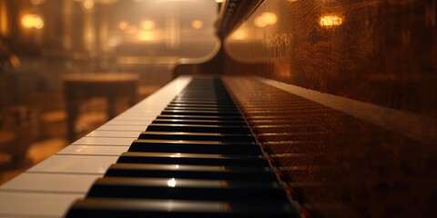 Detailed view of a vintage grand piano keyboard, highlighting ornate keys and aged wood