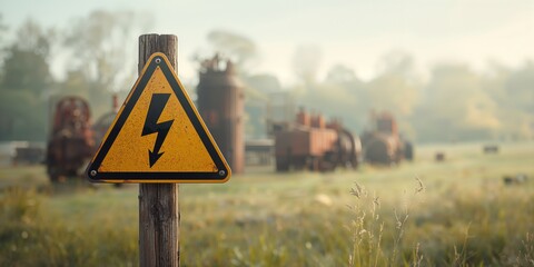 Old post displaying a yellow triangular lightning hazard sign for electrical safety awareness