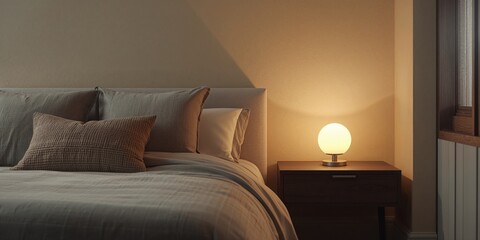 Intimate bedroom setting featuring a bed and a bedside lamp, useful for interior design backgrounds or layout templates