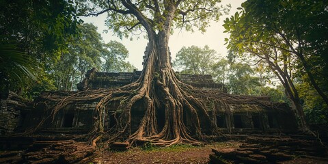 Naklejka premium Historical Khmer temple structures in Cambodia, highlighting archaeological conservation