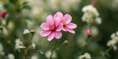 Fototapeta premium Pink Cosmos flowers captured in detail against a natural background, highlighting floral structure and color vibrancy
