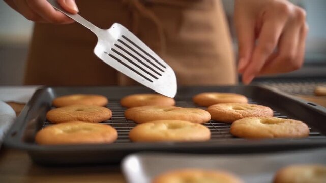 Close-up of a person using a spatula to remove freshly baked cookies from a cooling rack, showcasing the golden-brown treats in a home kitchen setting.