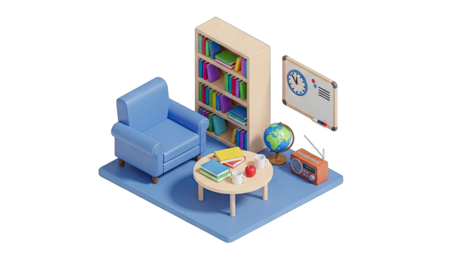 Cozy Isometric Classroom Corner With Bookshelf Armchair Globe And Whiteboard Illustration On Transparent Background - Powered by Adobe