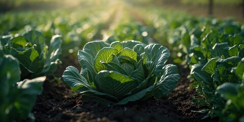 Close up of green cabbage plants thriving in a farm garden, highlighting organic farming practices