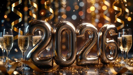 A festive celebration welcoming new year 2026 with golden balloons and champagne
