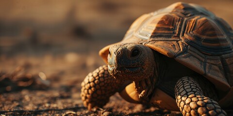 Naklejka premium Close-up of an African spurred tortoise showcasing shell patterns and dry habitat features, useful for educational materials