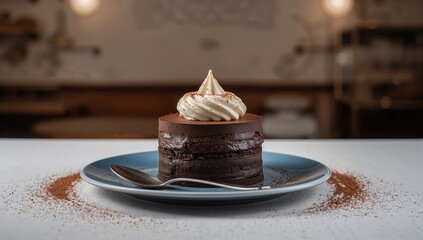 Chocolate cake on a blue plate, indulgent treat for a food blog
