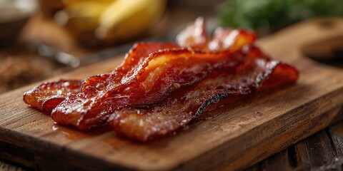 Obraz premium Cooked greasy bacon slices on a wood serving board, highlighting saturated fat content in breakfast meats