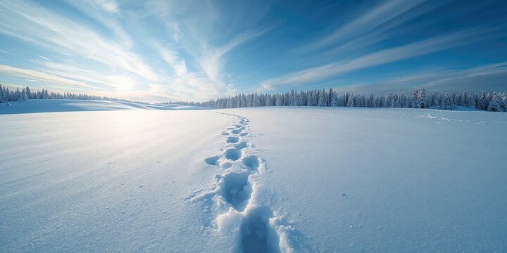 Footprints from snow boots create a trail on fresh snow, winter travel and exploration, Winter Season