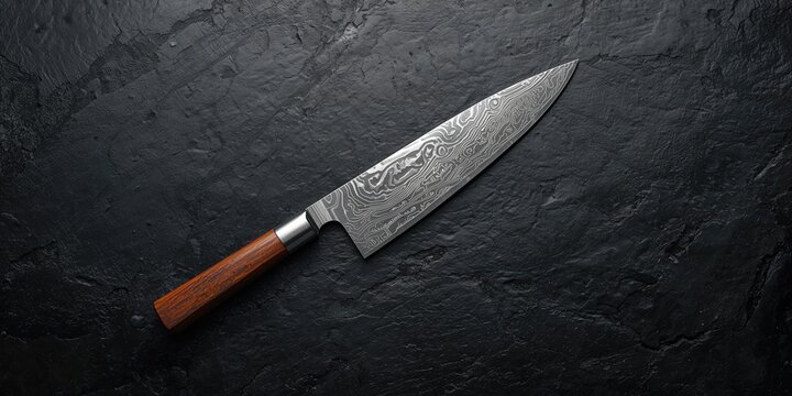 Old kitchen knife on a black stone surface used for food preparation, maintenance needs
